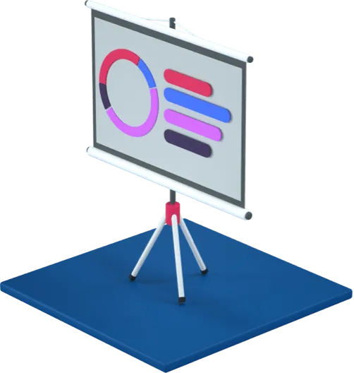 Isometric presentation board on tripod stand showing a colorful segmented donut chart and horizontal bar graphs.