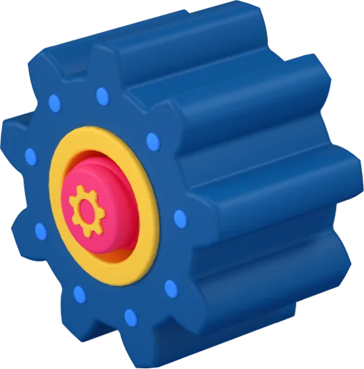 Blue gear with rounded teeth, a yellow ring around its center, and a pink hub featuring a smaller yellow gear icon.