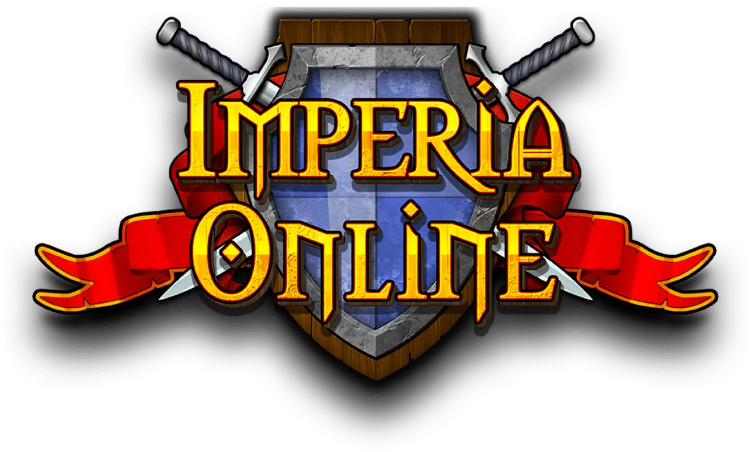 Imperia Online logo with two crossed swords behind a blue shield and a red ribbon banner.
