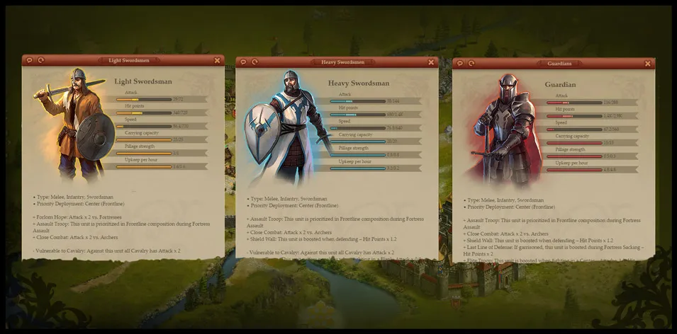 Game interface showing detailed stats and descriptions for three unit types: Light Swordsman with sword and shield, Heavy Swordsman with shield and spear, and Guardian in armor with a sword.