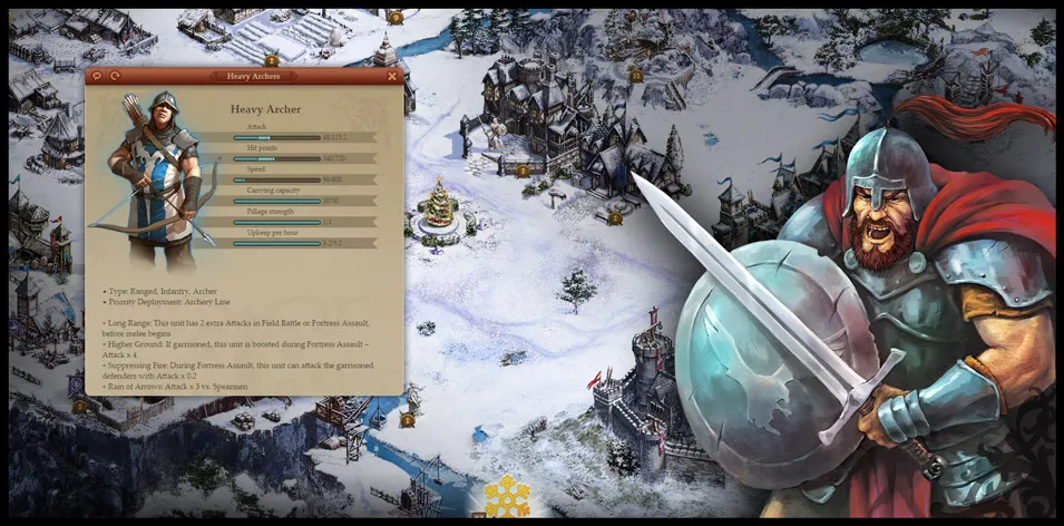 Game interface showing stats of a Heavy Archer unit with a snowy medieval castle map in the background and an armored warrior wielding a sword and shield on the right.