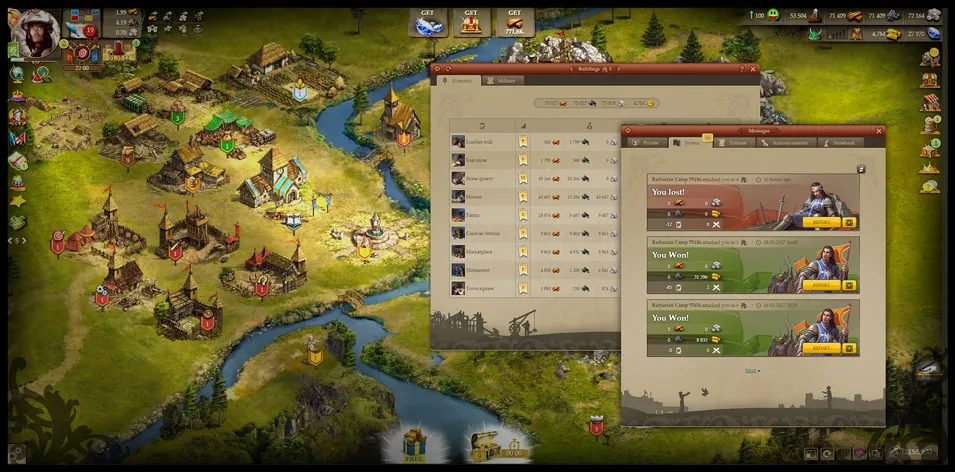 Screenshot of a strategy game showing a village with buildings, a river, and game interface windows displaying military units and battle results with 'You Won!' and 'You lost!' messages.