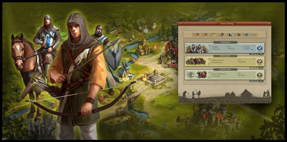 Medieval game scene with three armed characters including an archer in a hood, a knight on a horse, and a warrior holding a spear, set over a village map and an inset interface showing unit training progress and troop mobilization statistics.