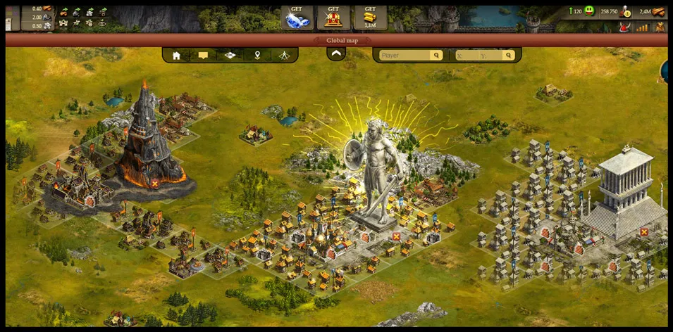 Global map view of a strategy game showing settlements, a large glowing warrior statue, volcanic mountain, and temple structures.