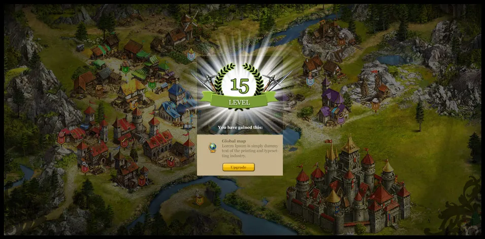Fantasy medieval village and castle map from a strategy game showing a level-up notification indicating level 15 with an upgrade button.