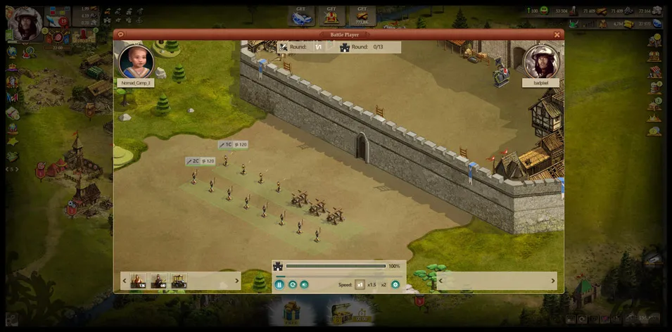 Strategy game battle screen showing two players with armies positioned outside a stone fortress wall, including infantry and catapults.
