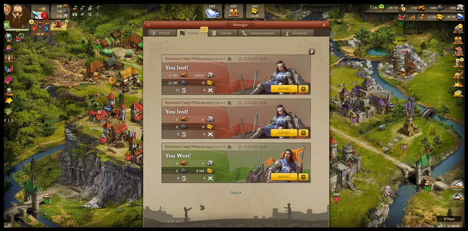 Screenshot of a fantasy strategy game showing a messages window with battle reports indicating two defeats and one victory against Barbarian Camp 75156.