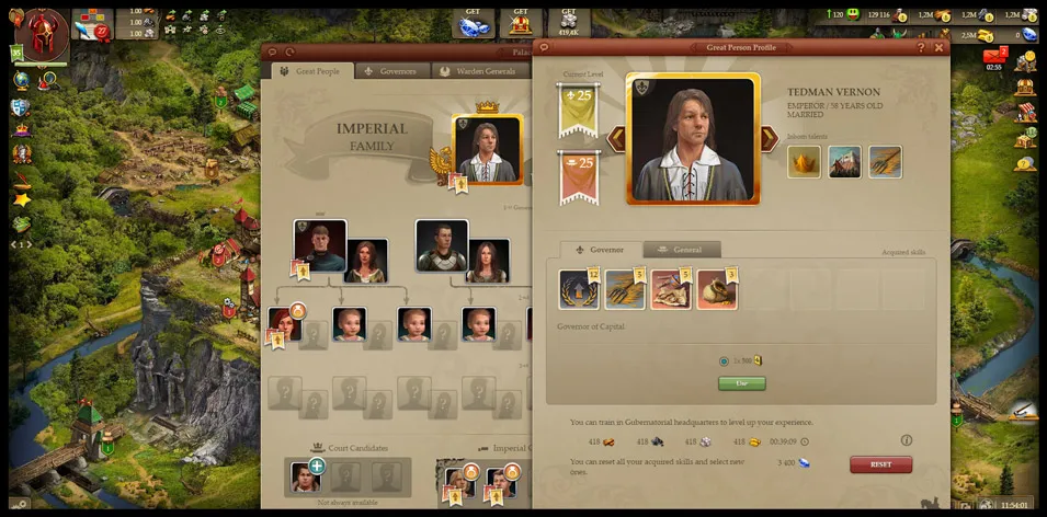 Screen capture of a strategy game showing an Imperial family tree and detailed profile of a character named Tedman Vernon with skills and stats.