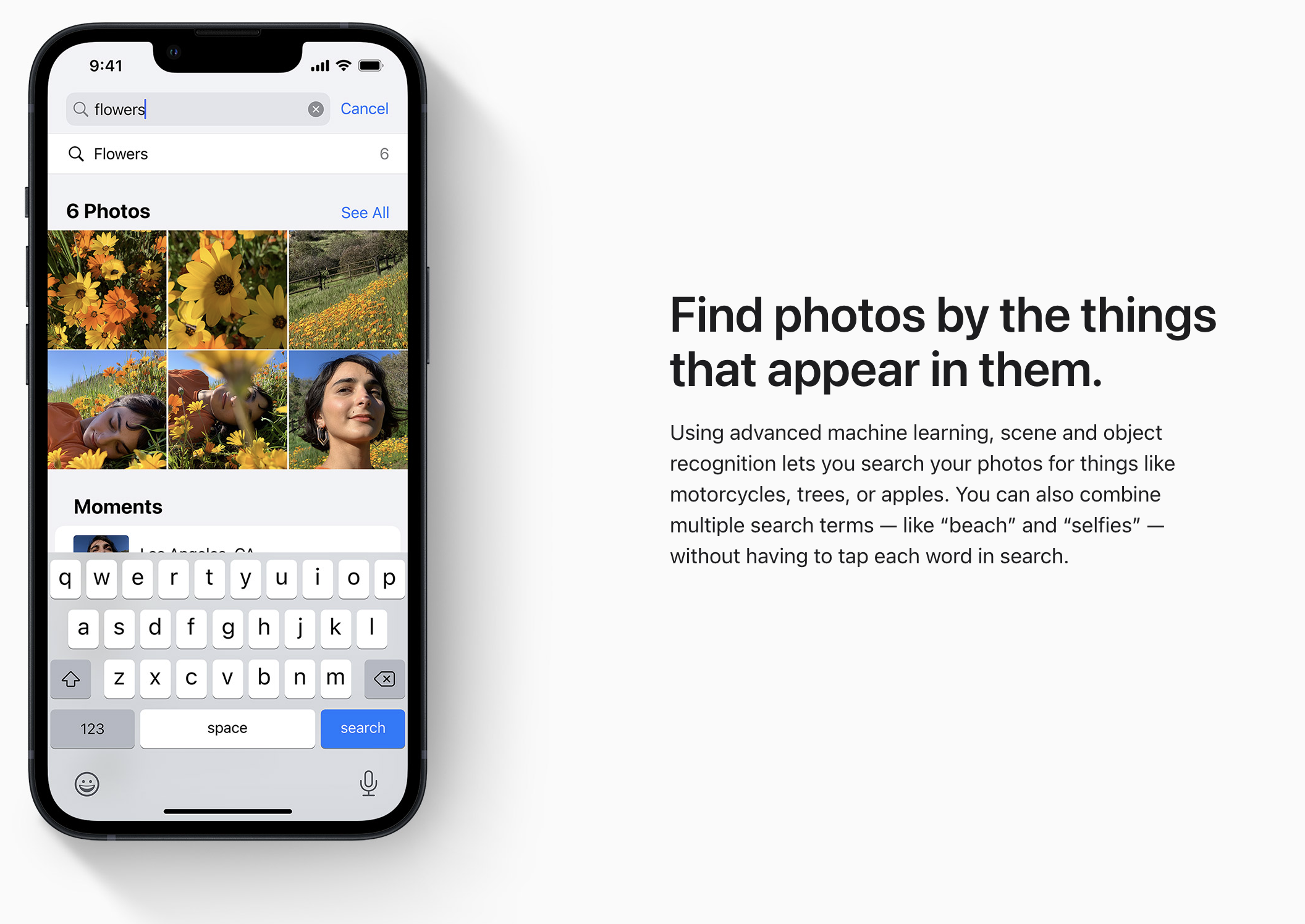 Apple's gallery grid view, using ML-powered systems to find the items you search for through your images