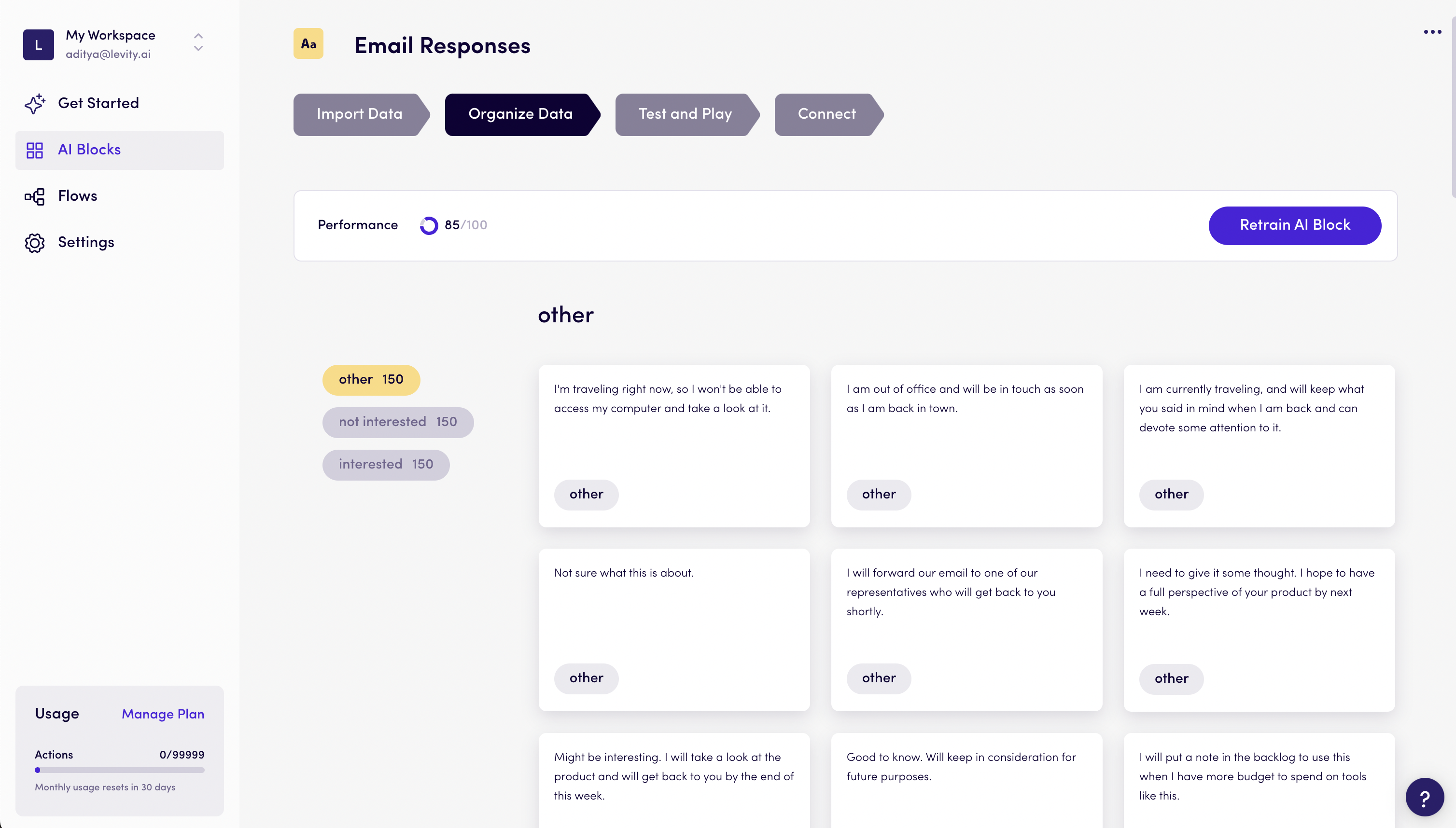 View of Levity's interface training an AI Block