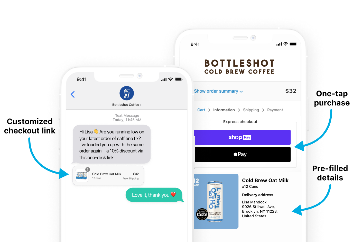 An SMS conversational chat between Bottleshot Coffee and their customer Lisa, who may click the recommended product and check-out in one tap.