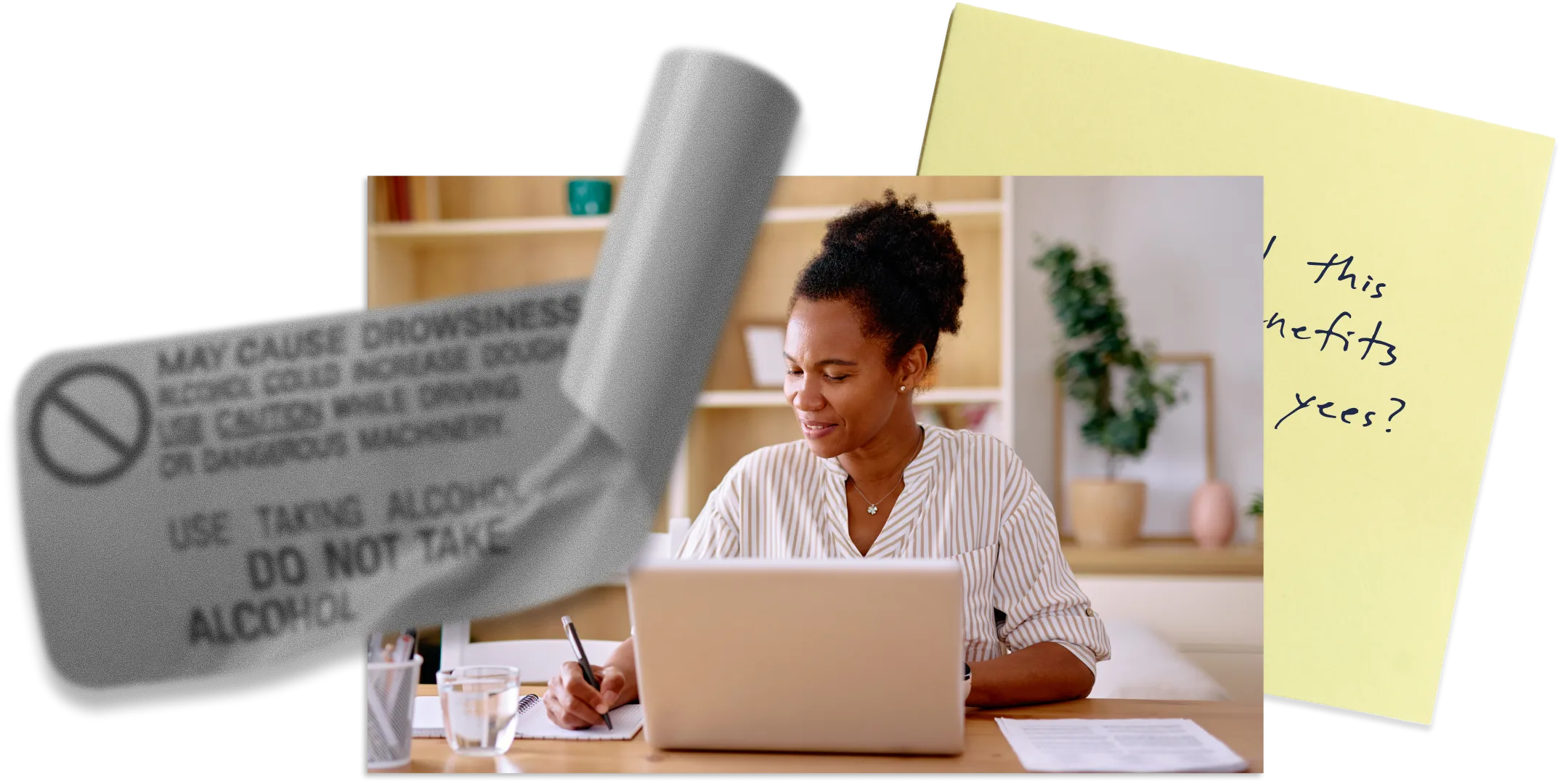 Woman working on a laptop at home, next to a sticky note and a medication label
