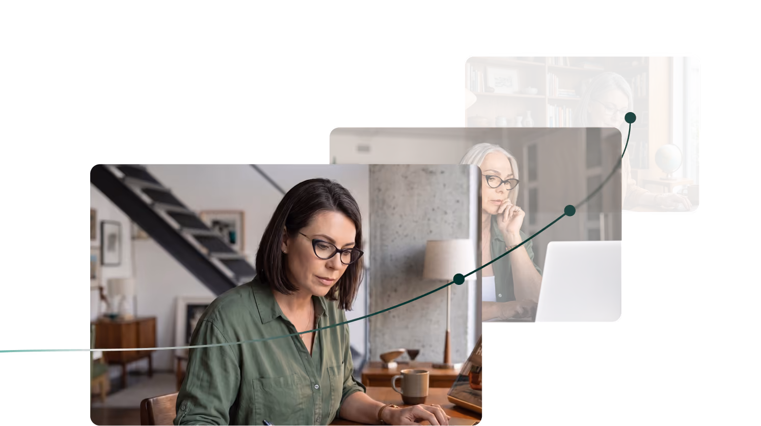 A woman at her laptop shown at three different ages, linked by a timeline curve