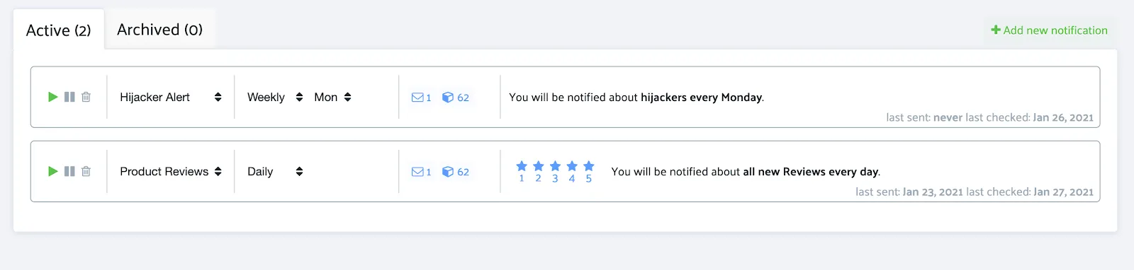 Sellics only offers two alert features; reviews and hijacks. 