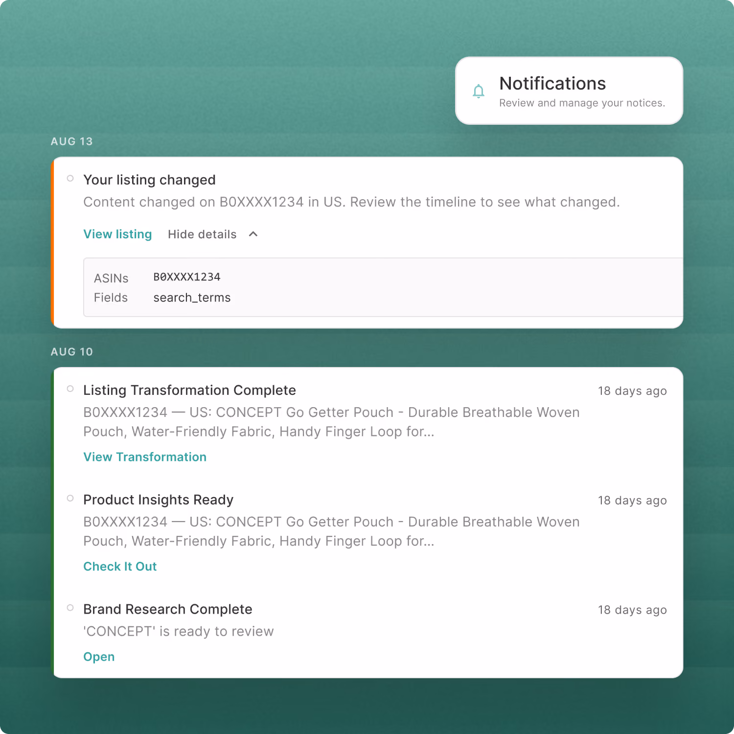 ZonGuru notifications timeline showing listing-change, transformation, insights and research alerts