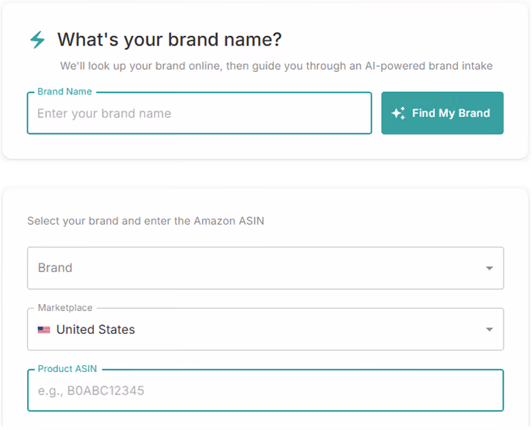 ZonGuru brand intake form asking for a brand name, marketplace and Amazon ASIN