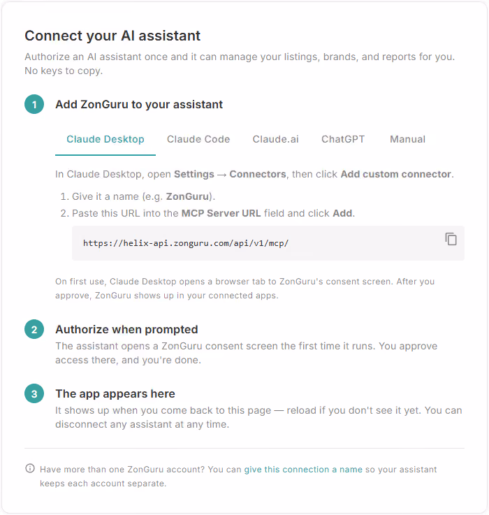 ZonGuru interface showing a window to connect your AI assistant in order to use the MCP
