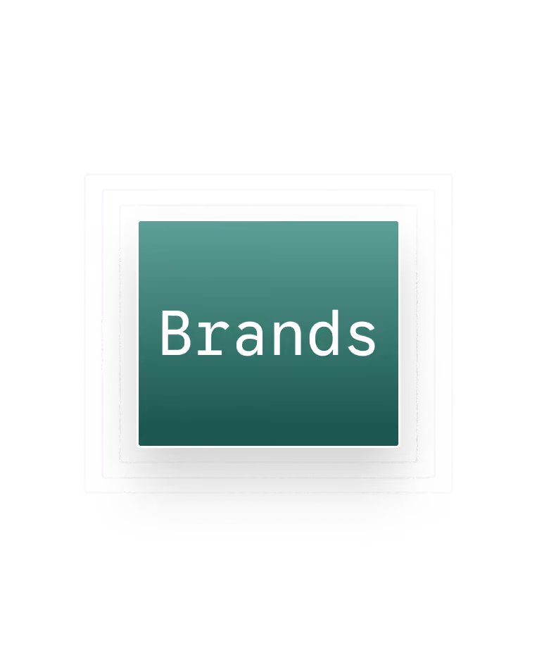 Green rectangle with the word 'Brands' in white text at the center on a black background.