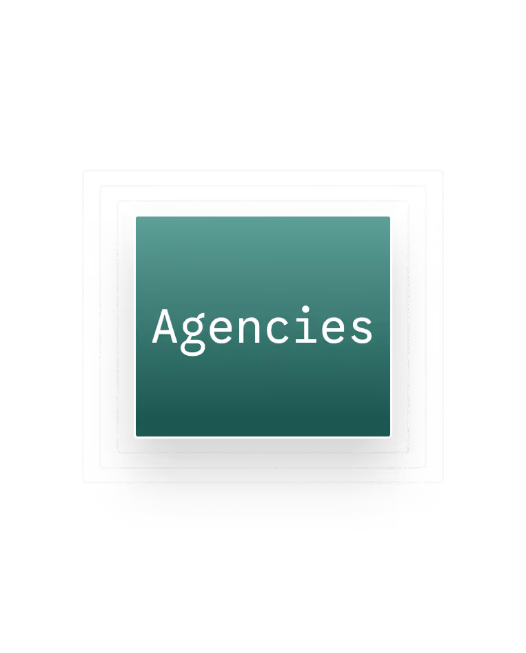 Green rectangle with the word 'Agencies' in white text at the center on a black background.