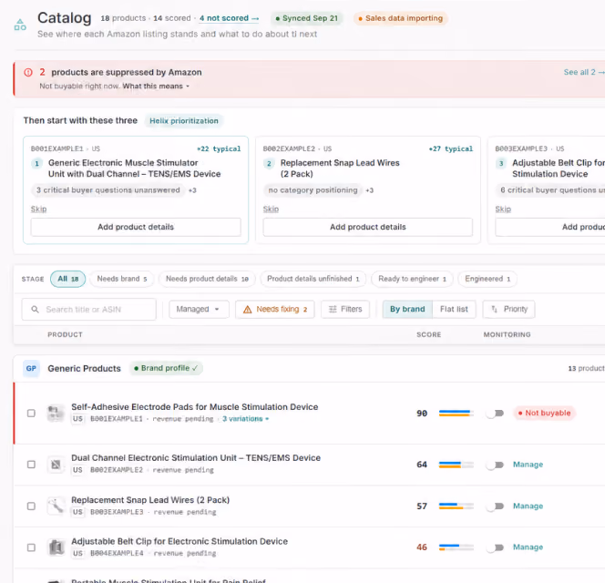ZonGuru Catalog product table with readiness scores and setup actions