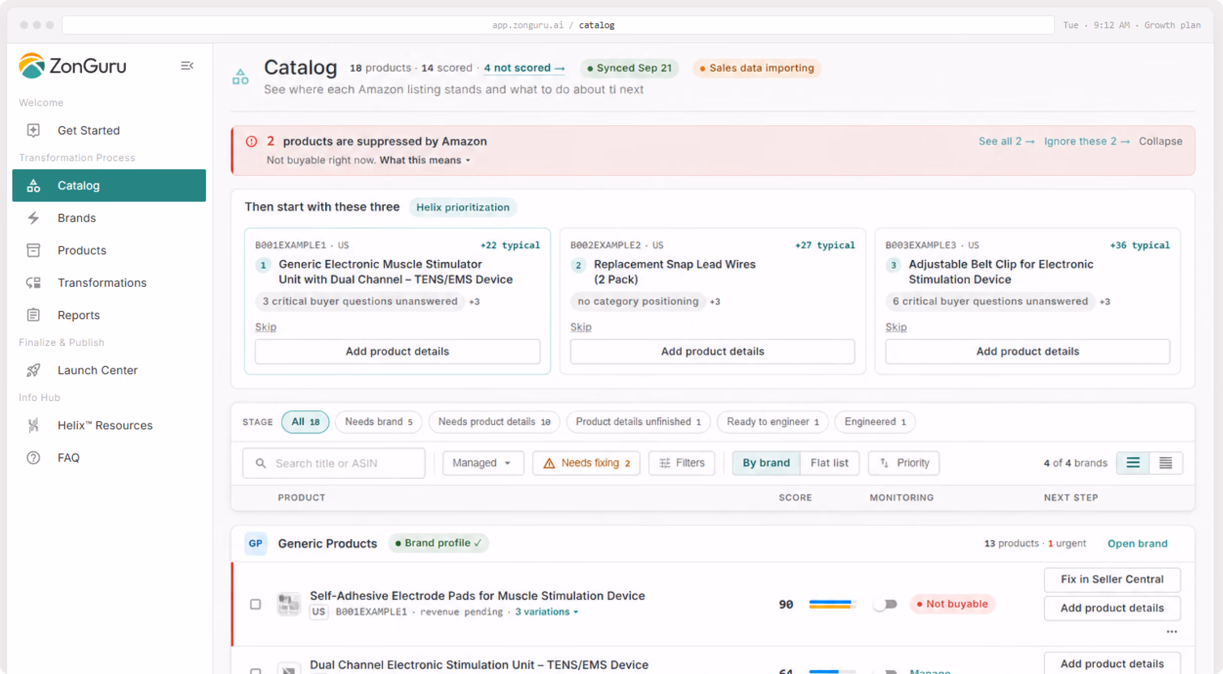 The ZonGuru Catalog dashboard showing the product table and left-hand navigation