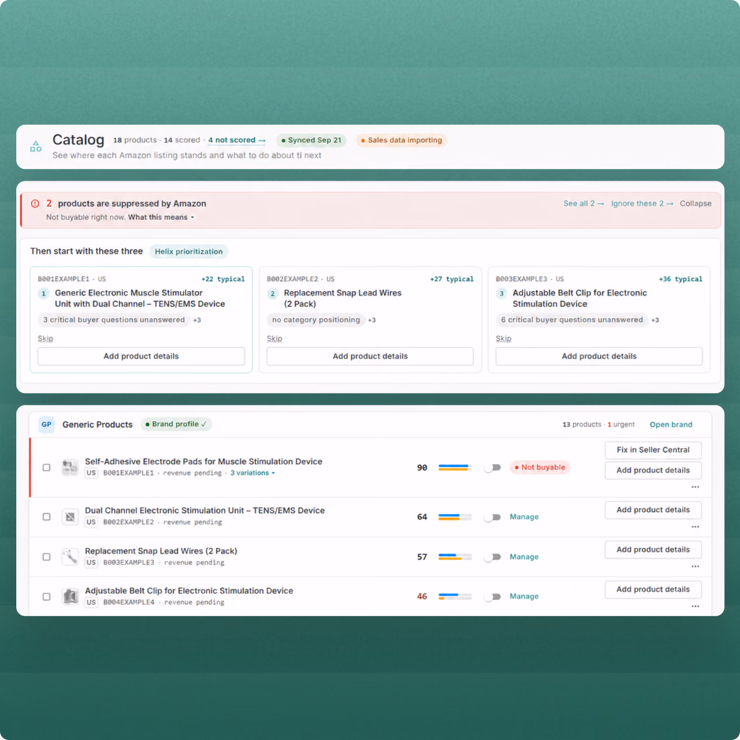 ZonGuru Catalog view listing managed products in a table
