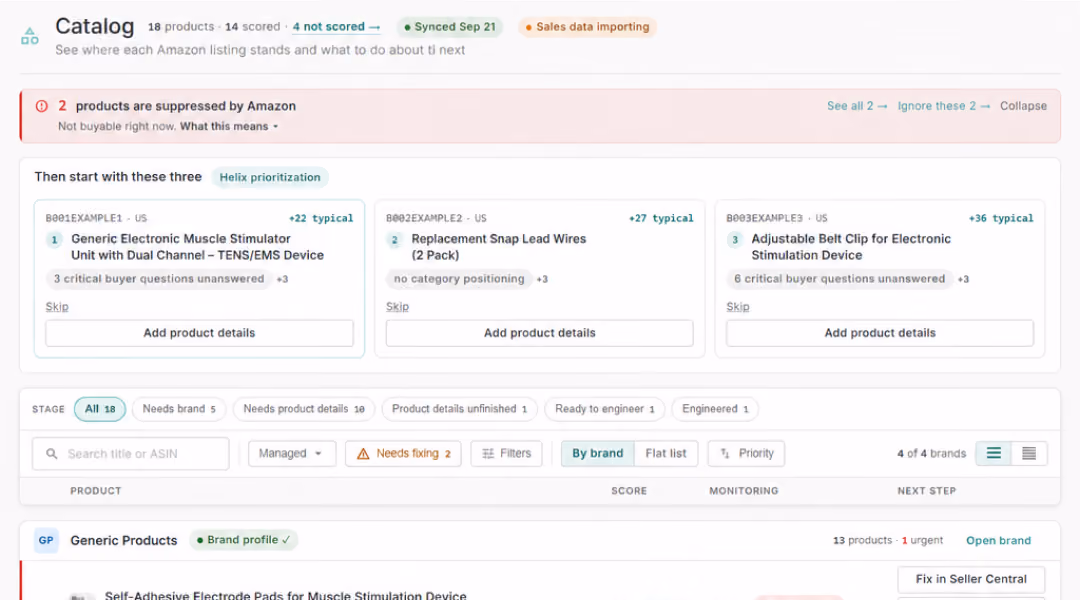 ZonGuru Catalog product table with readiness scores and setup actions