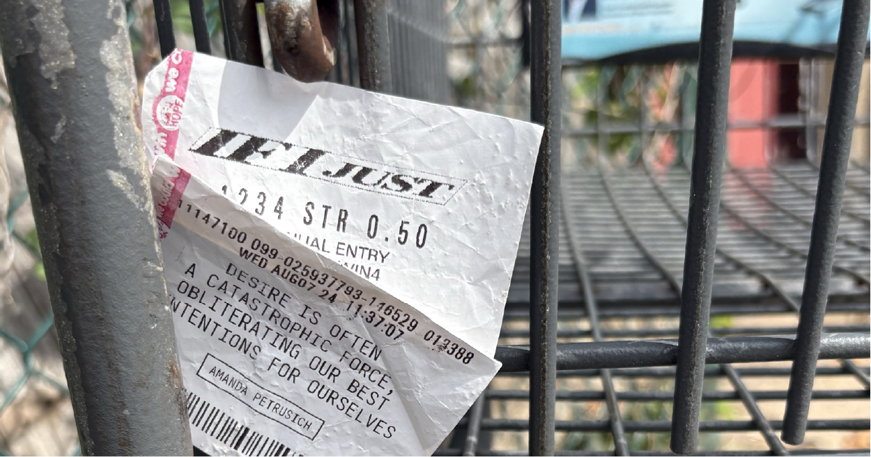 A close up of a lottery ticket littered in a grocery cart. The name of the lottery game is "Next Time" and the ticket reads "Desire is often a catastrophic force, obliterating our best intentions for ourselves." a quote credited to Amanda Petrusich