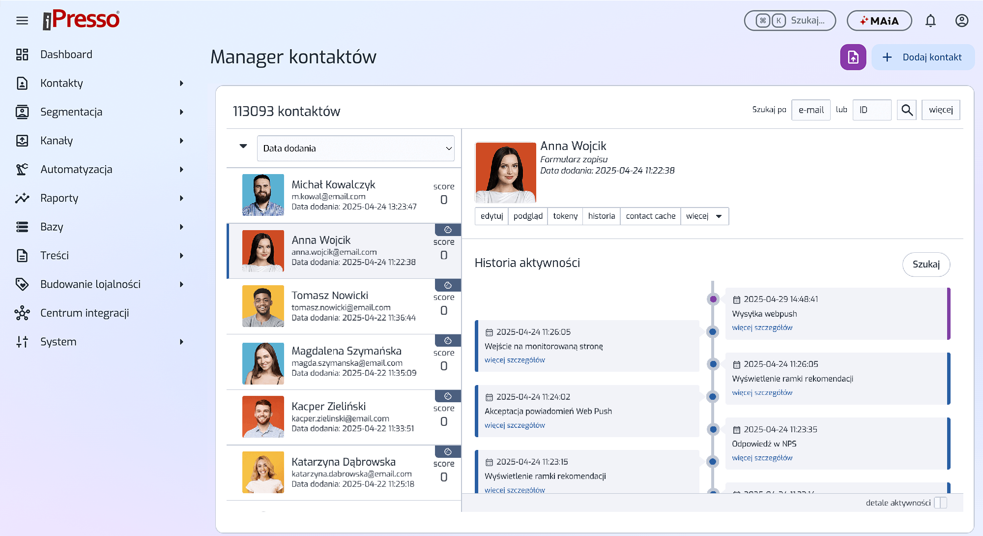 Manager kontaktów w iPresso – widok profilu klienta 360 stopni z historią aktywności, scoringiem i segmentacją w systemie marketing automation klasy enterprise