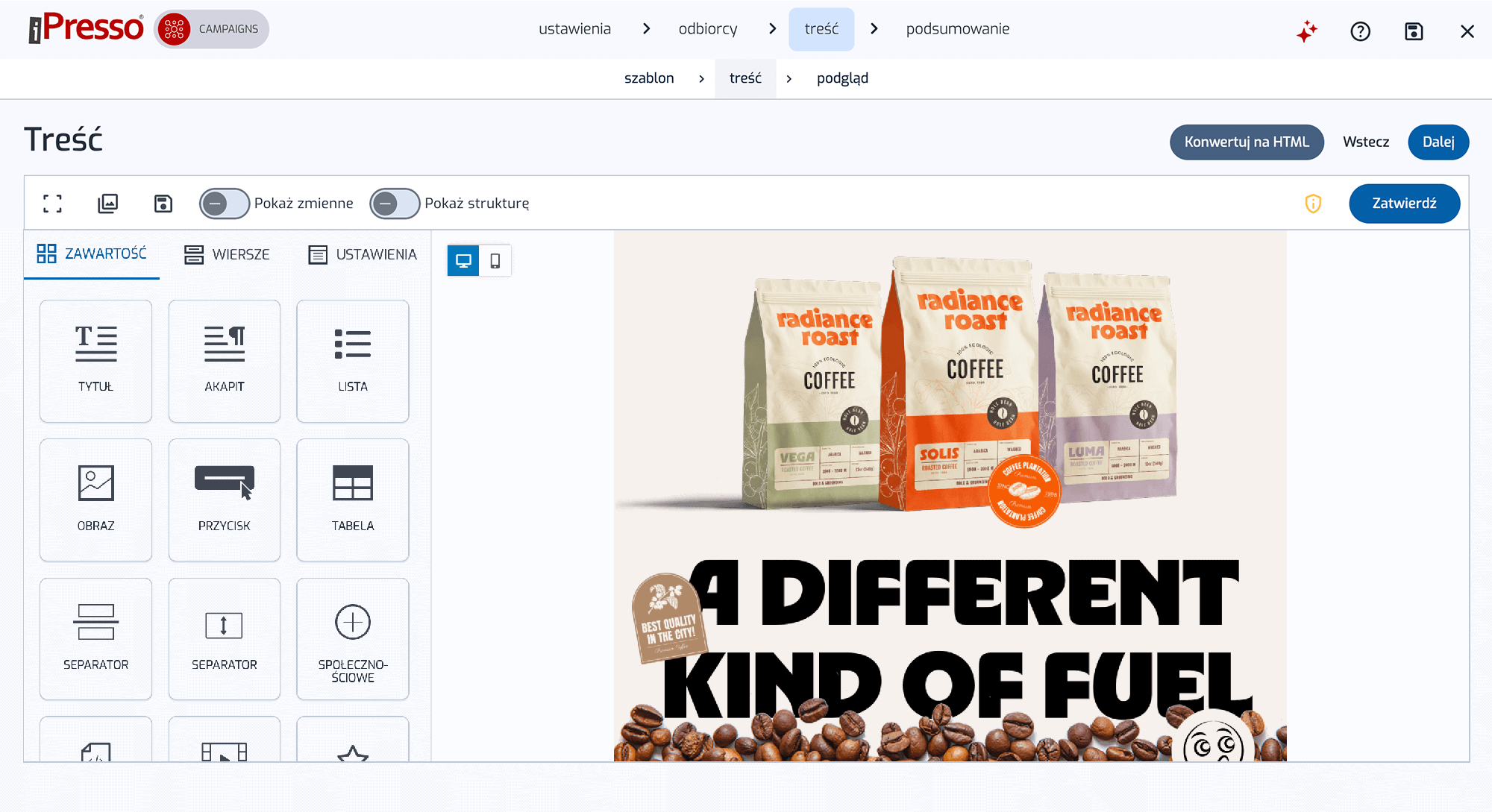 Kreator treści e-mail w iPresso – intuicyjny edytor drag and drop do projektowania spersonalizowanych kampanii mailingowych i newsletterów w systemie marketing automation