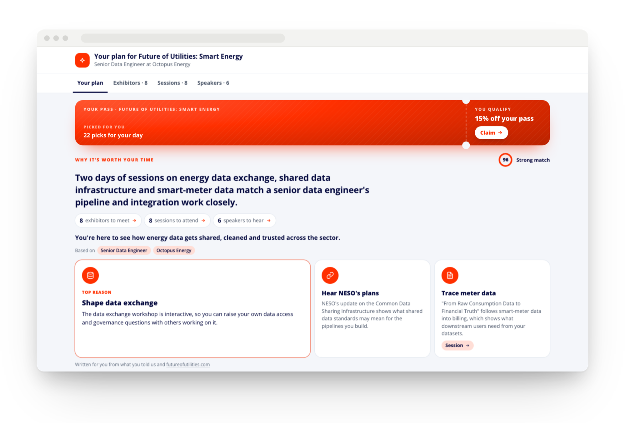 Outpace Visitor Plan: a personal event plan for a senior data engineer, with the exhibitors, sessions and speakers picked for them and an offer on their pass