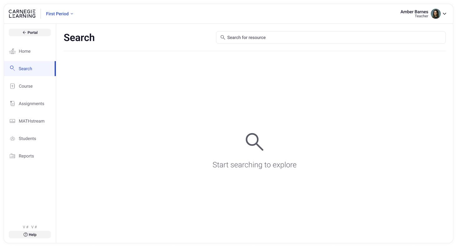 Carnegie Learning teacher dashboard in the Search view, showing an empty state with a magnifying glass icon and the message ‘Start searching to explore’