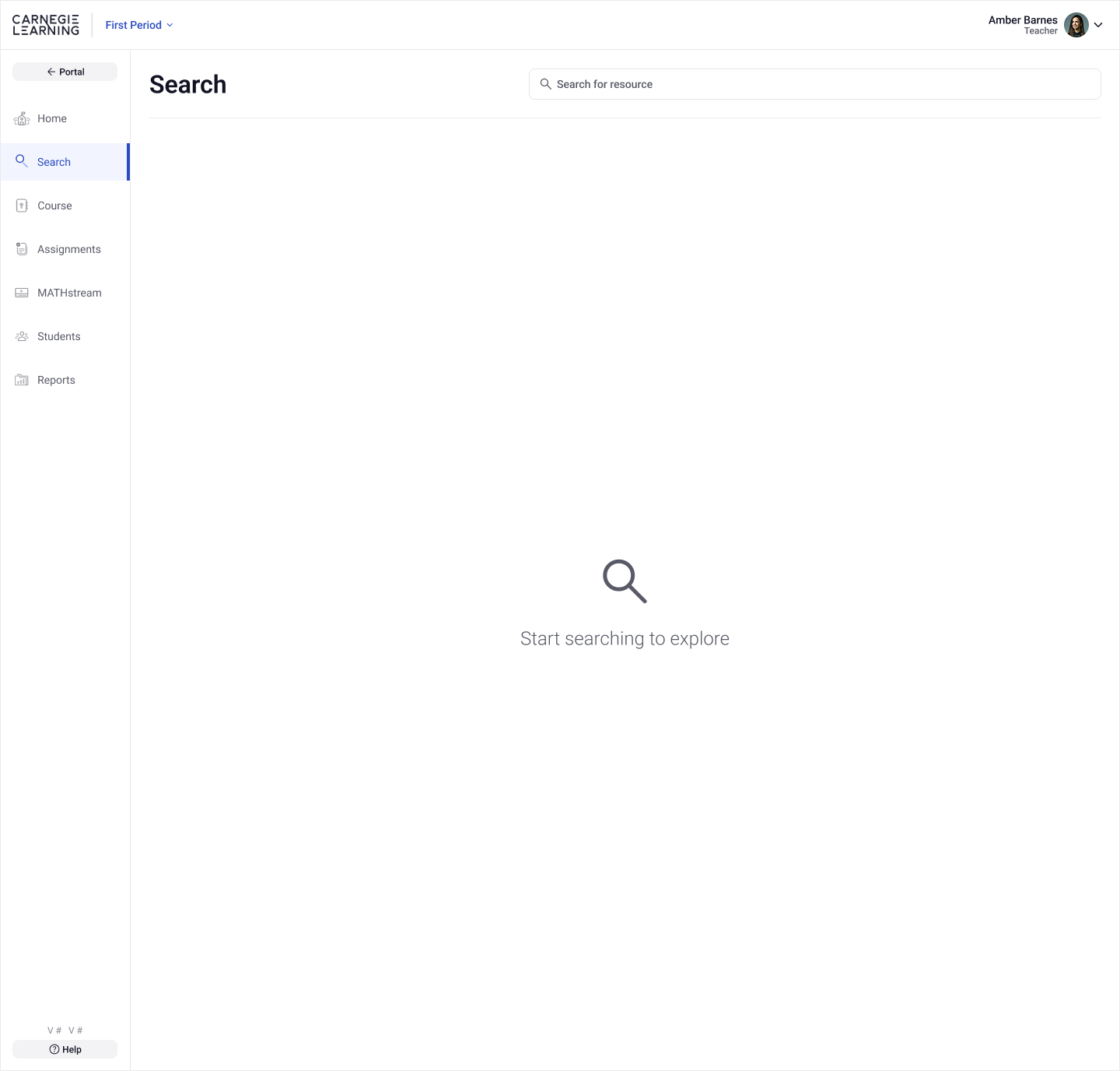 Carnegie Learning teacher dashboard in the Search view, showing an empty state with a magnifying glass icon and the message ‘Start searching to explore’
