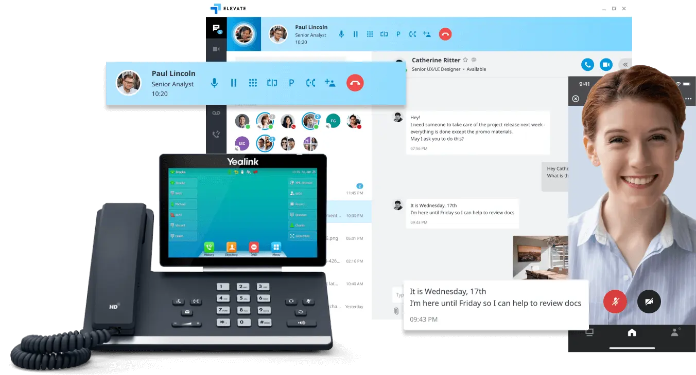 mockup of elevate software and a business desktop phone