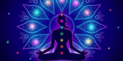 woman meditating blue background chakra colored circles aura of light