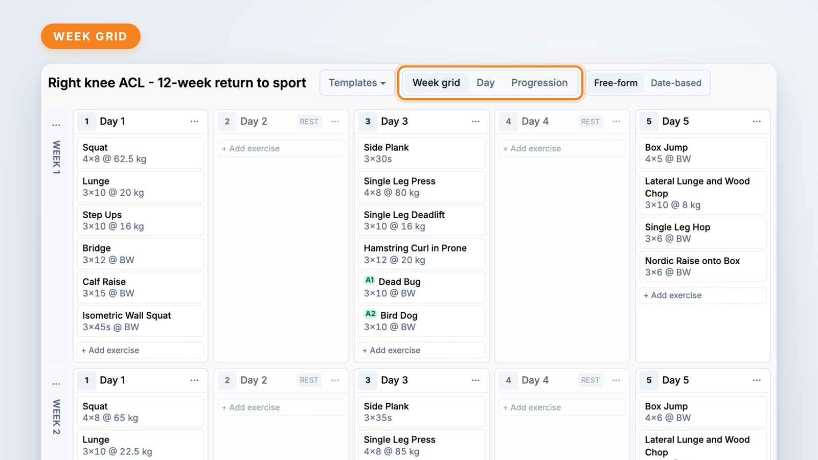 Week grid view in the Rehab Guru Creator with the Week grid, Day and Progression switch highlighted