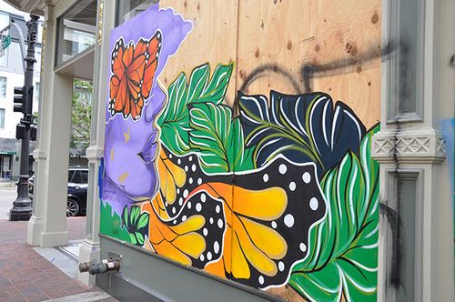 Racial justice mural on boarded up building