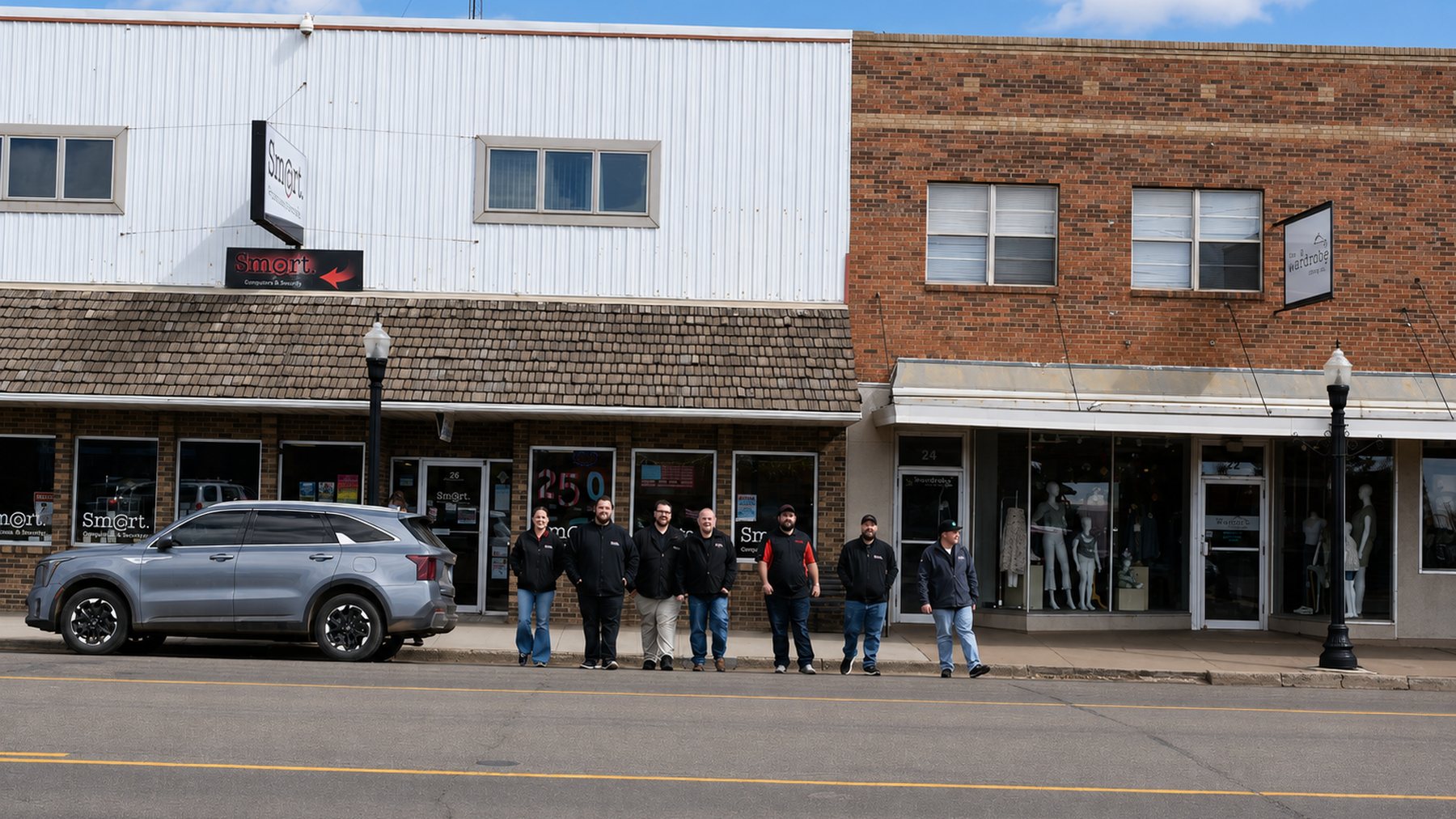 The Smart Computers & Consulting team outside their storefront on Villard Street in downtown Dickinson, North Dakota