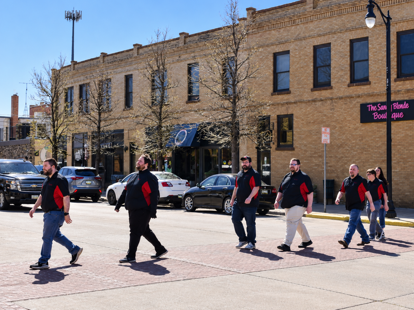 The Smart Computers team walking across a street in downtown Dickinson, North Dakota