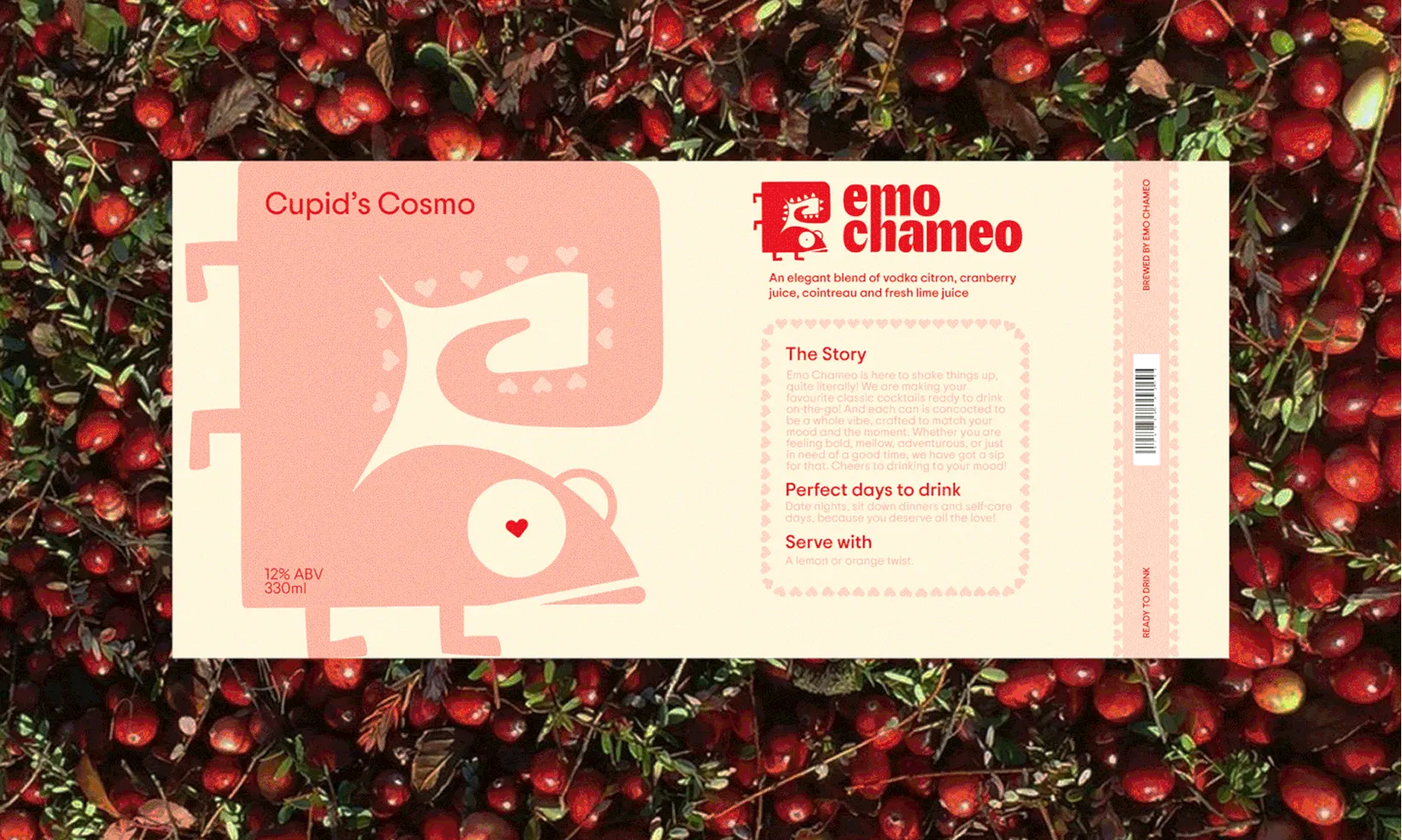 Label of Emo Chameo Cupid's Cosmo, an elegant blend of vodka citron, cranberry juice, cointreau, and fresh lime juice. The label features a stylized pink chameleon with a heart on its side and text describing the drink's story, perfect days to drink, and serving suggestion of a lemon or orange twist. The label indicates 12% ABV and 330ml volume and is photographed on a background of red berries and green leaves.
