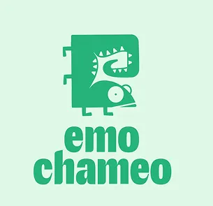 Green stylized chameleon logo with the text 'emo chameo' below it on a light green background.