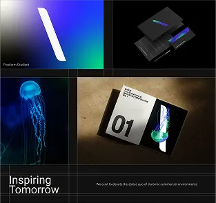 Collage of four images: Top-left shows a white abstract diagonal shape on a blue-green gradient background with 'Freedom Gradient' text; top-right shows a black box and card with a diagonal iridescent strip; bottom-left shows a glowing jellyfish in dark water; bottom-right shows an open book with a large number '01' and an image of a jellyfish on a black and white page. The bottom footer text reads 'Inspiring Tomorrow' and 'We exist to create the ultimate age of dynamic commercial environments.'