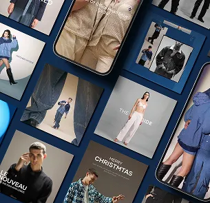 A collage of photos featuring diverse fashion styles including a person in a blue dress and boots, a close-up of beige trousers, a person in a black top and jeans, and a young man in a checkered shirt, showcasing modern casual clothing.
