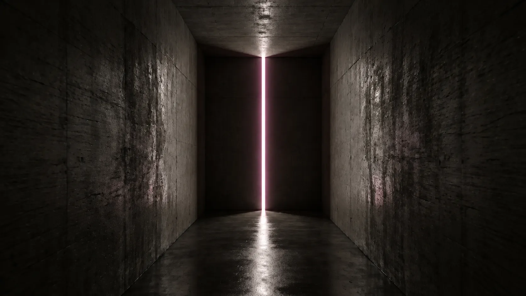 Dark concrete corridor with a narrow vertical slit at the end emitting soft white light that reflects on the floor.