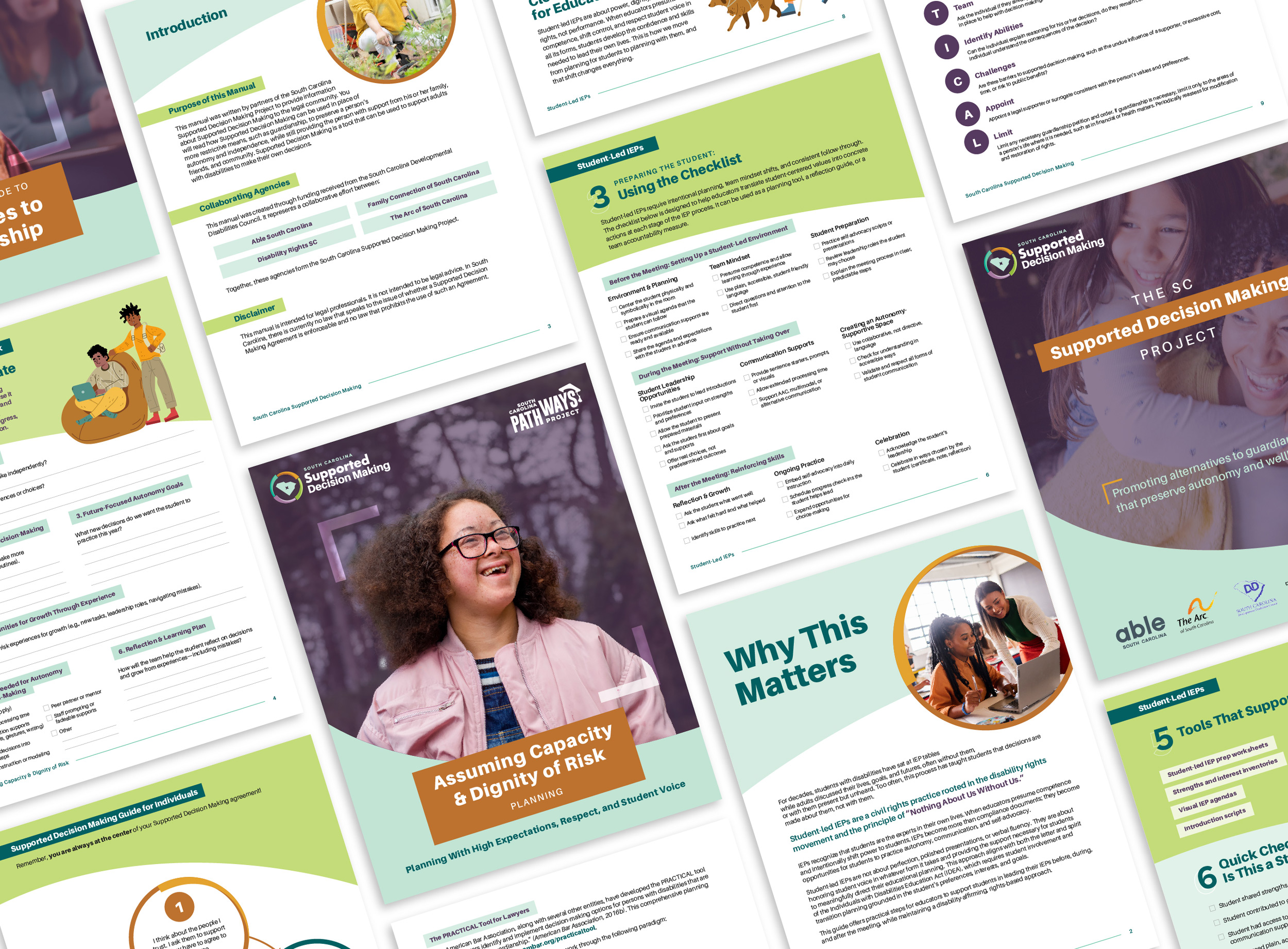 An assortment of pages from the Able South Carolina Supported Decision Making collaterals