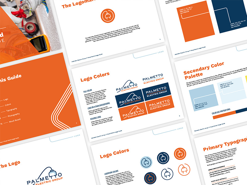 A gathering of pages from the Palmetto Electric Group brand guidelines
