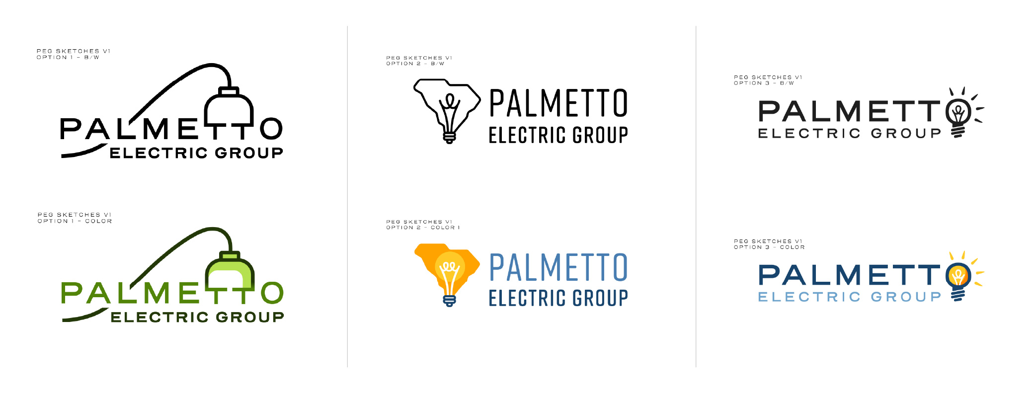The initial logo sketches from the Palmetto Electric Group brand concepting phase