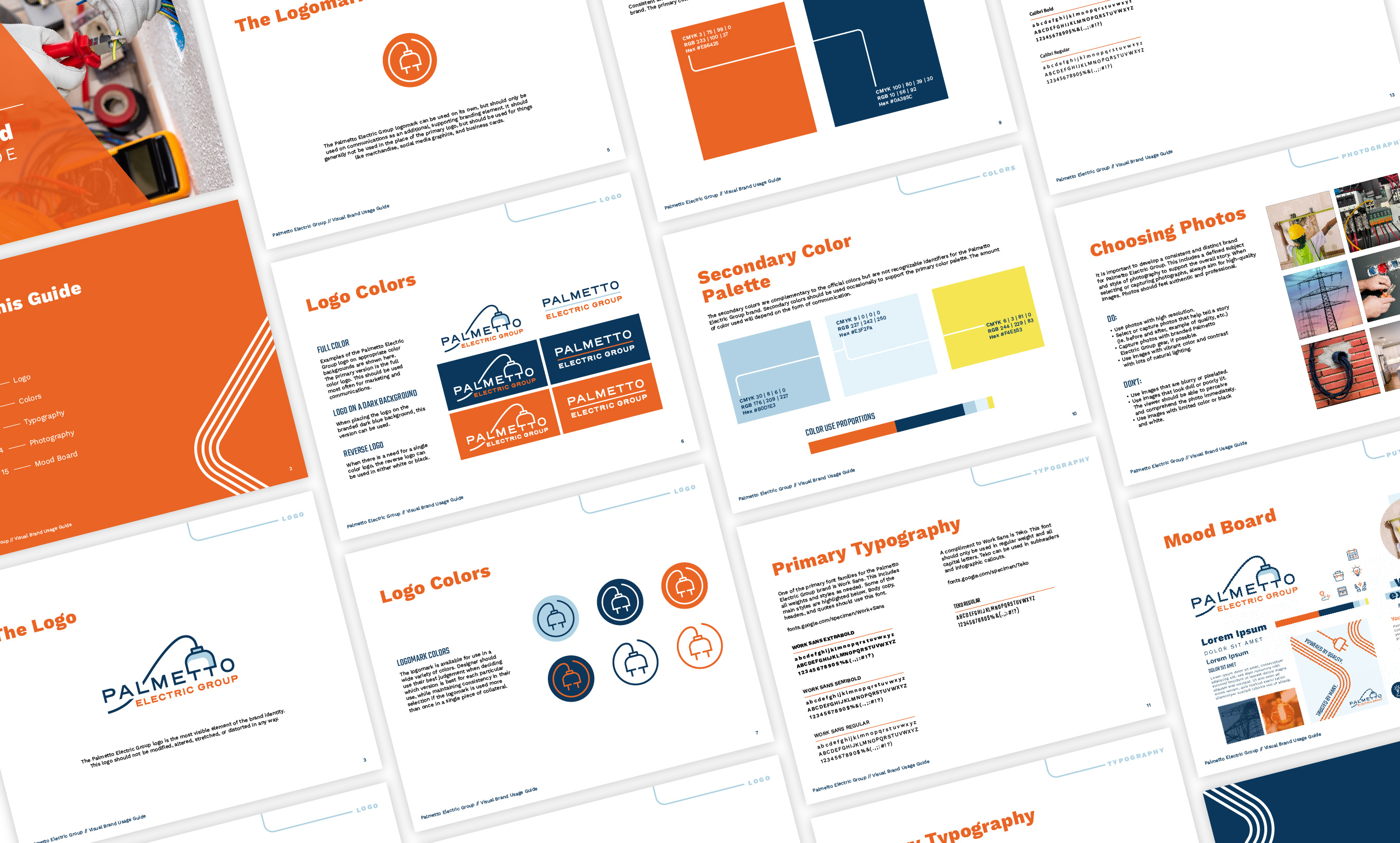 A gathering of pages from the Palmetto Electric Group brand guidelines
