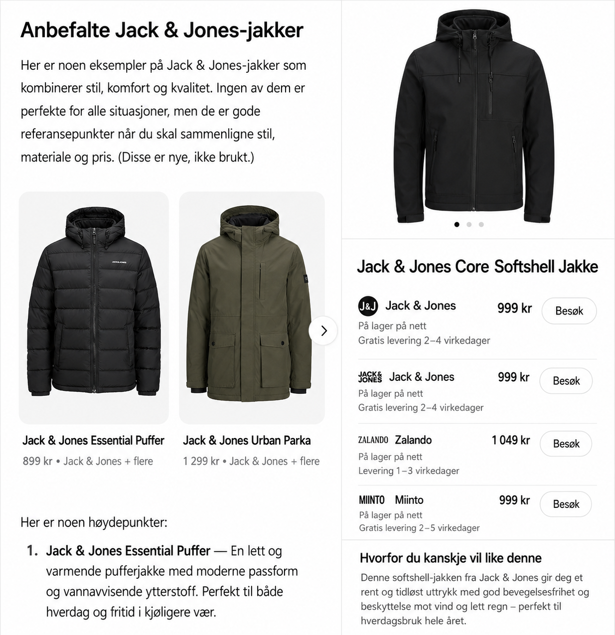 Chat-GPT Shopping eksempel med Jack & Jones- jakker