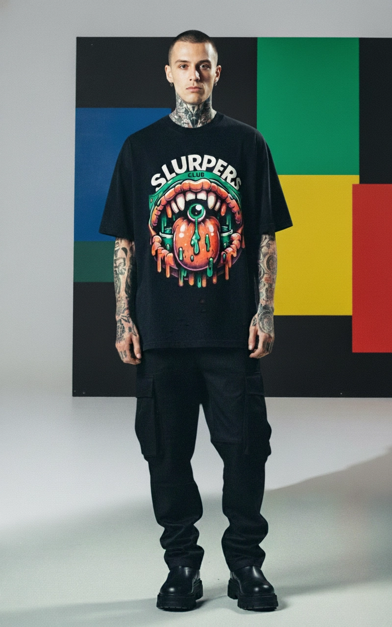 A model in a photo studio wearing a black t-shirt with a large graphic of atongue and an eyeball coming from a slimey mouth.